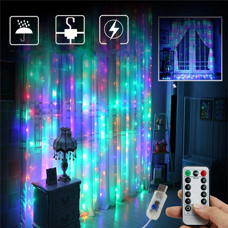 3M*2M USB 8 Modes Remote Control 200 LED Curtain String Light with 10 Hooks Festival Christmas Wedding Decor Christmas Decorations Clearance Christmas Lights