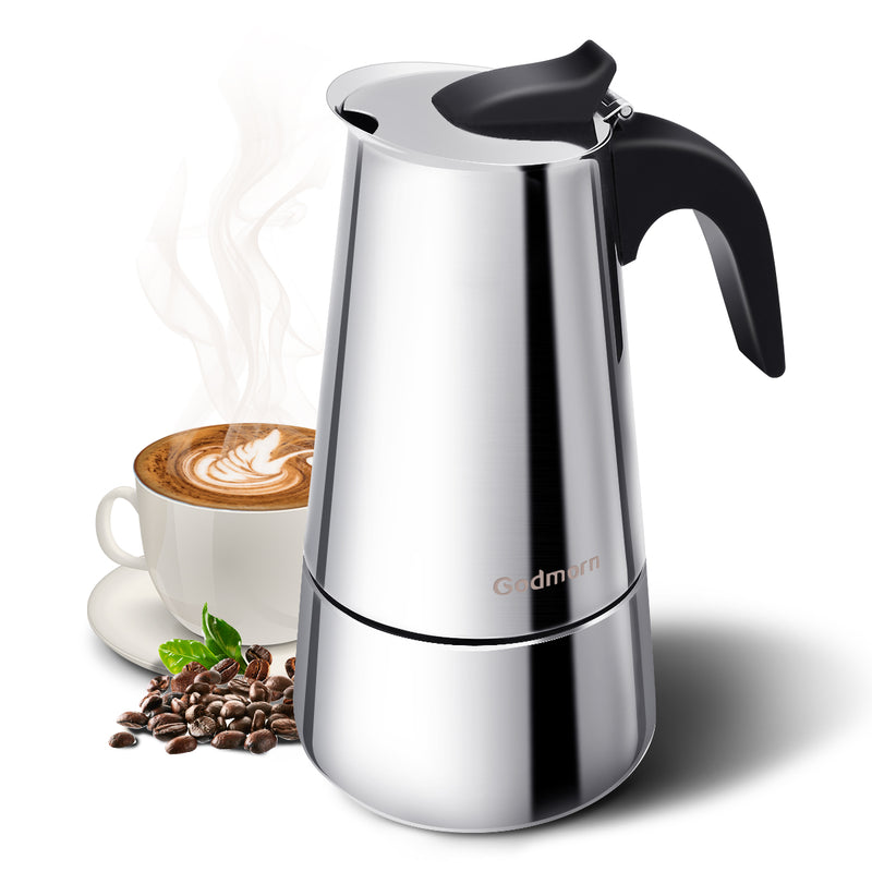 Godmorn Stovetop Espresso Maker Moka Pot Percolator Italian Coffee Maker 300ml/10oz/6 Cup Classic Cafe Maker 430 Stainless Steel Suitable For Induction Cookers