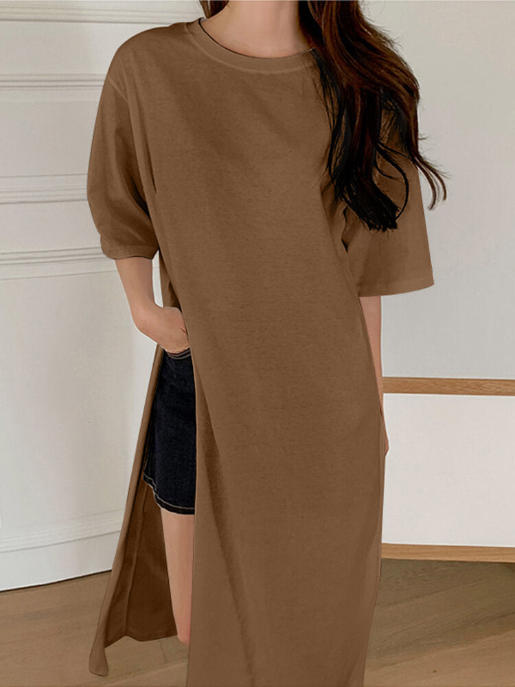 Solid Slit Hem Half Sleeve Round Neck Casual T-Shirt