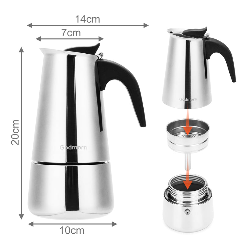 Godmorn Stovetop Espresso Maker Moka Pot Percolator Italian Coffee Maker 300ml/10oz/6 Cup Classic Cafe Maker 430 Stainless Steel Suitable For Induction Cookers