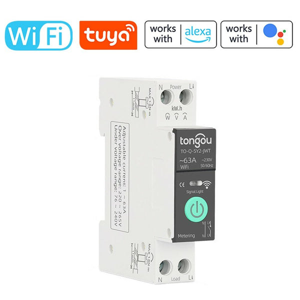 Tuya Intelligent Circuit Breaker with Metering 1P 63A DIN Rail Support 3 Timing Modes Multiple Safety Protecting APP Remote Control Compatible with Alexa Google Assistant for Household Appliances