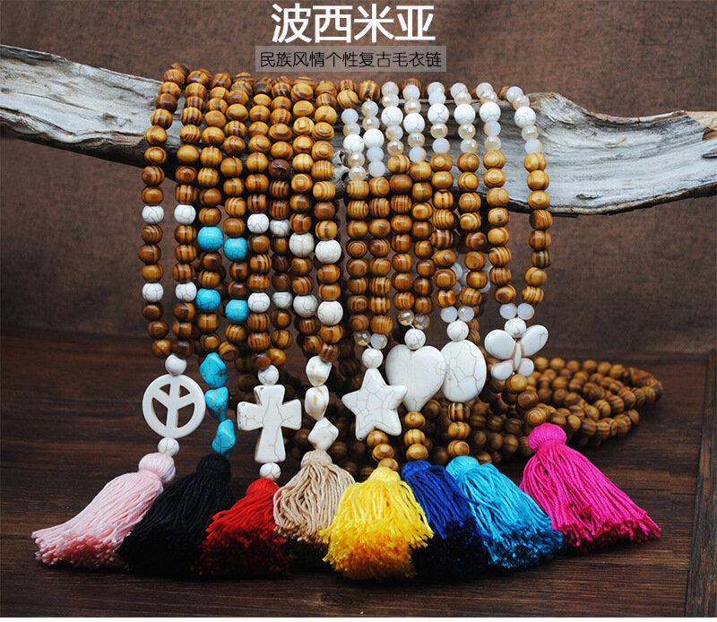 Bohemian Wooden Beads Tassel Necklace Geometric Heart Star Butterfly Turquoise Pendant Long Necklace