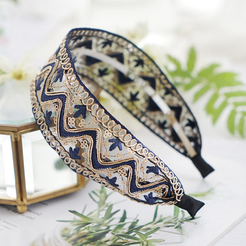 Vintage Palace Lace Hairband Bohemian Geometric Diamond Sequins Embroidered Fabric Headband