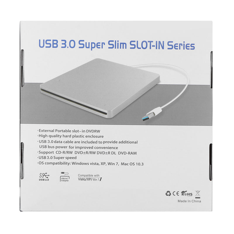 Portable USB 3.0 Silver External DVD-RW Max.24X High-speed Data Transmission for Win XP Win 7 Win 8 Win 10 Mac