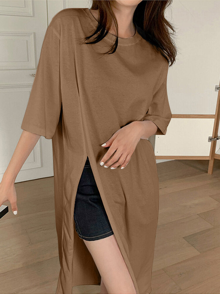 Solid Slit Hem Half Sleeve Round Neck Casual T-Shirt