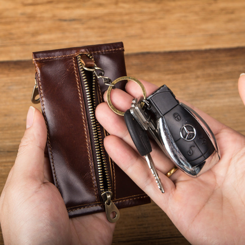 Men Slim Key Genuine Leather Zipper Coin Purse Wallet