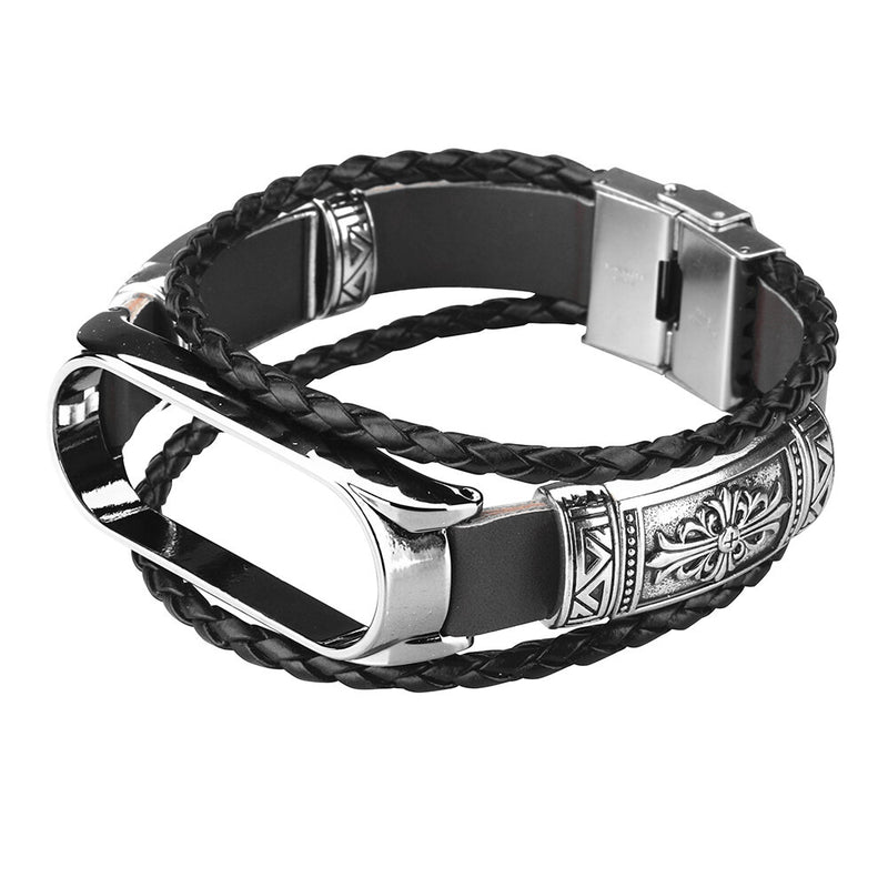 DIY Leather Metal Case Watch Band Watch Strap for Xiaomi Miband 5 Mi Band 5 NFC Non-original