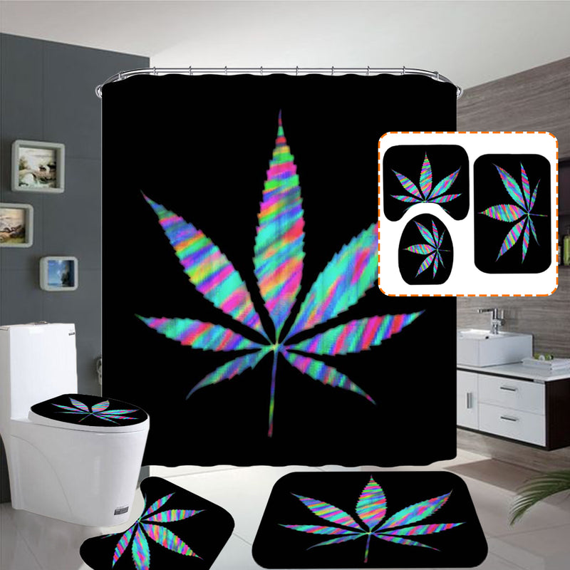 Bakeey Plant Leaves Printed Curtain For Bathroom Shower Anti-slip Bath Mat Sets Toilet Cover Kitchen Carpet-4-piece Set
