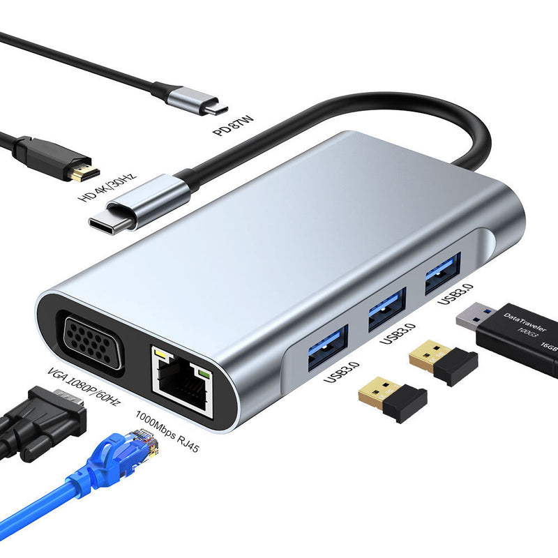 Mechzone 7 in 1 Type-C Docking Station USB-C Hub Adapter with USB3.0 USB-C PD 87W 4K HDMI-Compatible 1080P VGA RJ45 Gigabit LAN Ethernet for PC Computer Laptop BYL-2111
