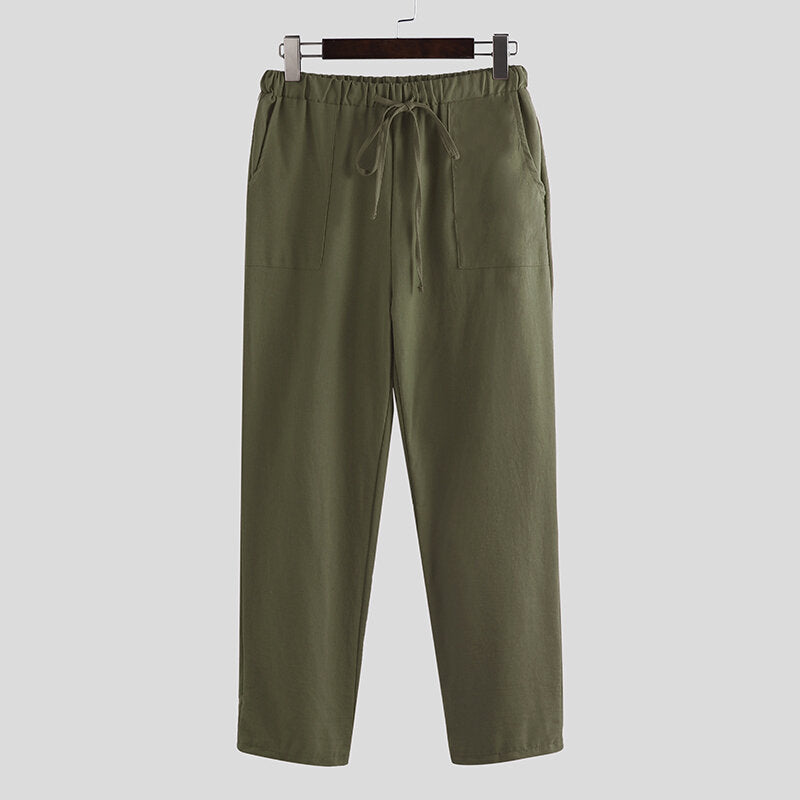 Cotton Trousers Mens Loose Drawstring Vintage Pants Outdoor Hiking Travel