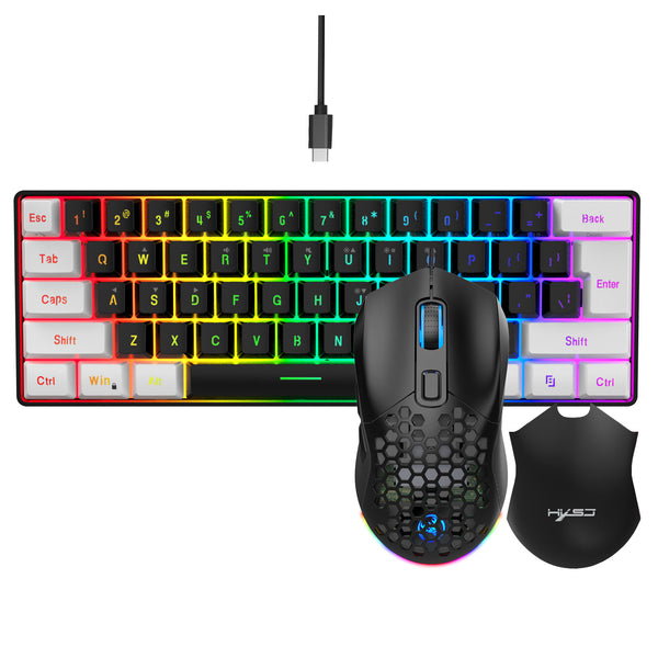 HXSJ Wired Keyboard and Mouse Set 61 Keys Gaming Keyboard 7 Colours backlight 4 DPI Stages White/Black Mouse