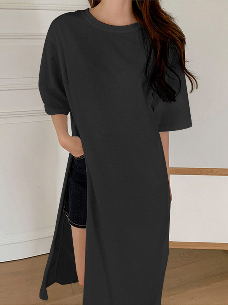 Solid Slit Hem Half Sleeve Round Neck Casual T-Shirt