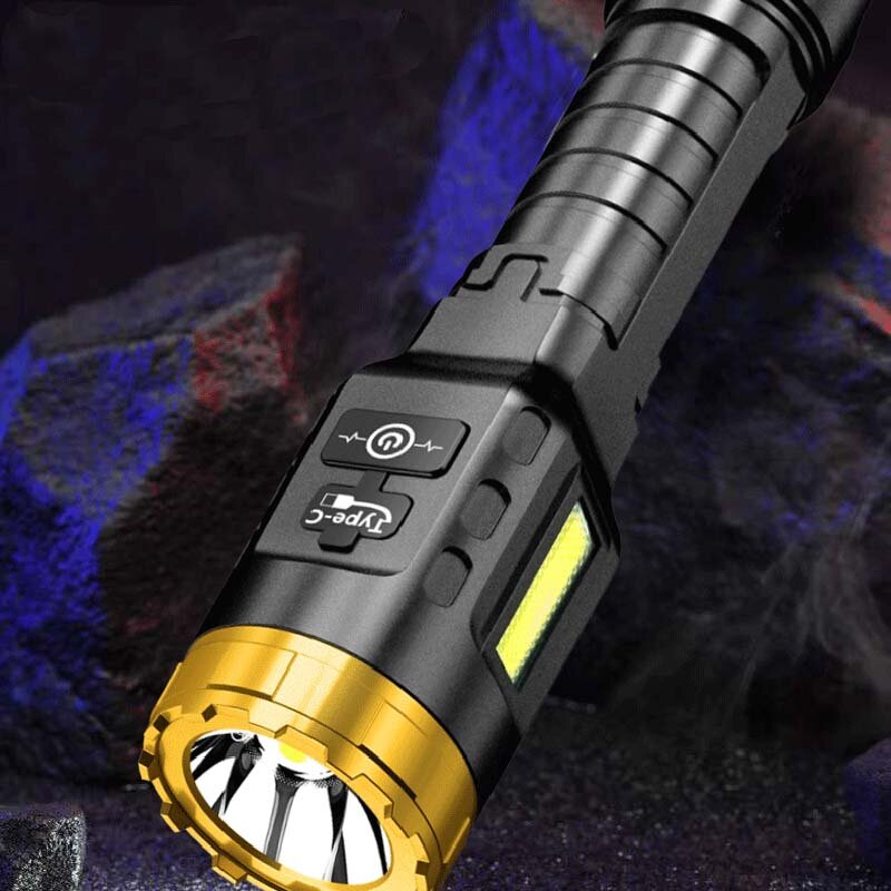 XANES 885 LED+COB 500m Long Range Strong ABS Housing Flashlight With COB Side Light Type-C USB Rechargeable Portable LED Torch Lamp Powerful Spotlight
