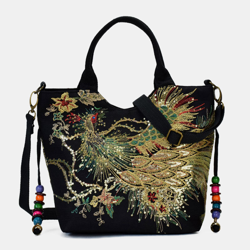 Women Canvas Embroidery Peacock Pattern Ethnic Style Multi-carry Handbag Crossbody Bag Shoulder Bag