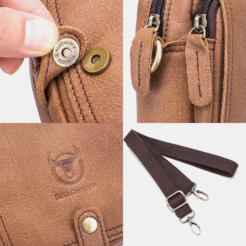 Bullcaptain Men Genuine Leather Multi-Layers Casual Crossbody Bag Shoulder Bag