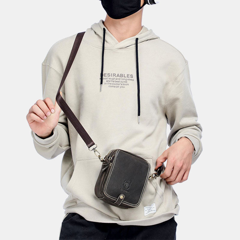 Bullcaptain Men Genuine Leather Multi-Layers Casual Crossbody Bag Shoulder Bag