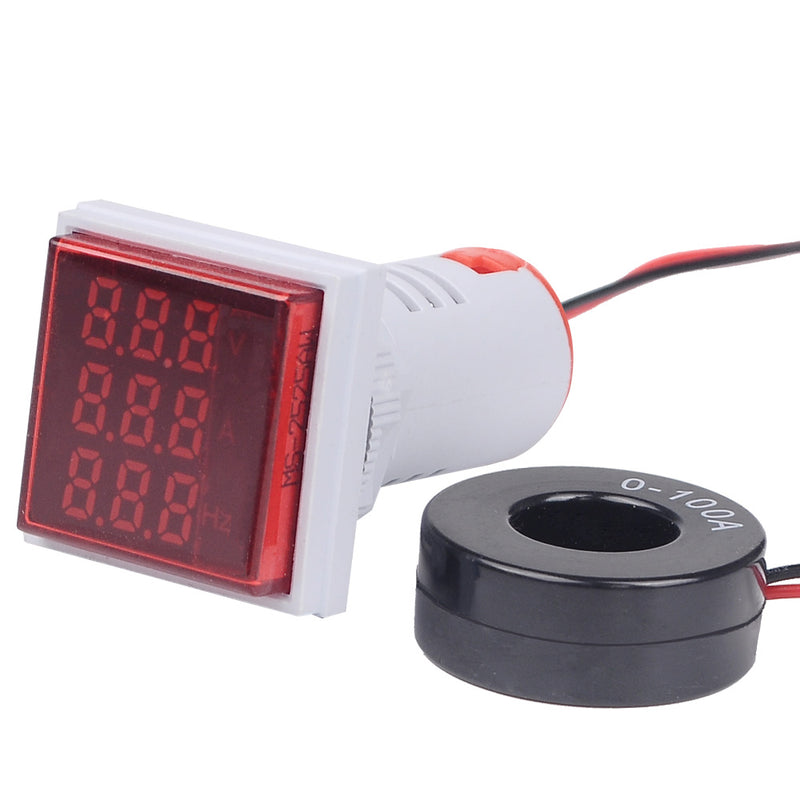 Geekcreit 3 in 1 AC 60-500V 100A Square LED Digital Voltmeter Ammeter Hertz Meter Signal Lights Voltage Current Frequency Combo Meter Indicator Tester With Round CT