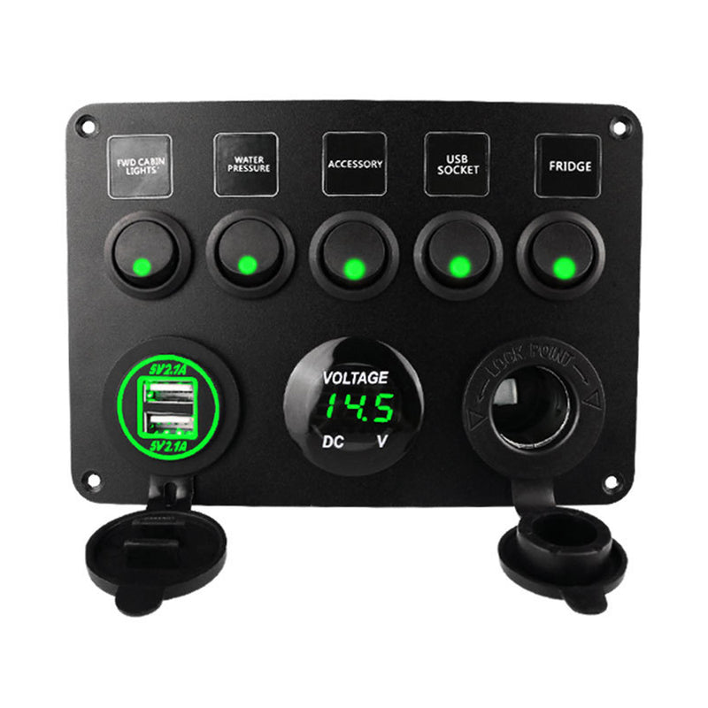 Car Boat Switch Panel Waterproof Digital Voltmeter Dual USB Port 12V Outlet Combination Marine LED Rocker 5 Gang