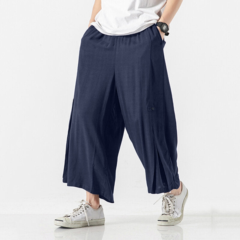 Mens Linen Pants Wide Leg Baggy Holiday Casual Trousers Hiking Sport Cycling Pants