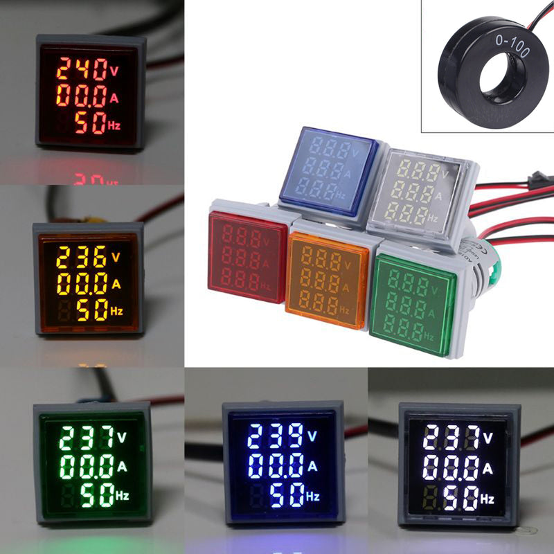 Geekcreit 3 in 1 AC 60-500V 100A Square LED Digital Voltmeter Ammeter Hertz Meter Signal Lights Voltage Current Frequency Combo Meter Indicator Tester With Round CT