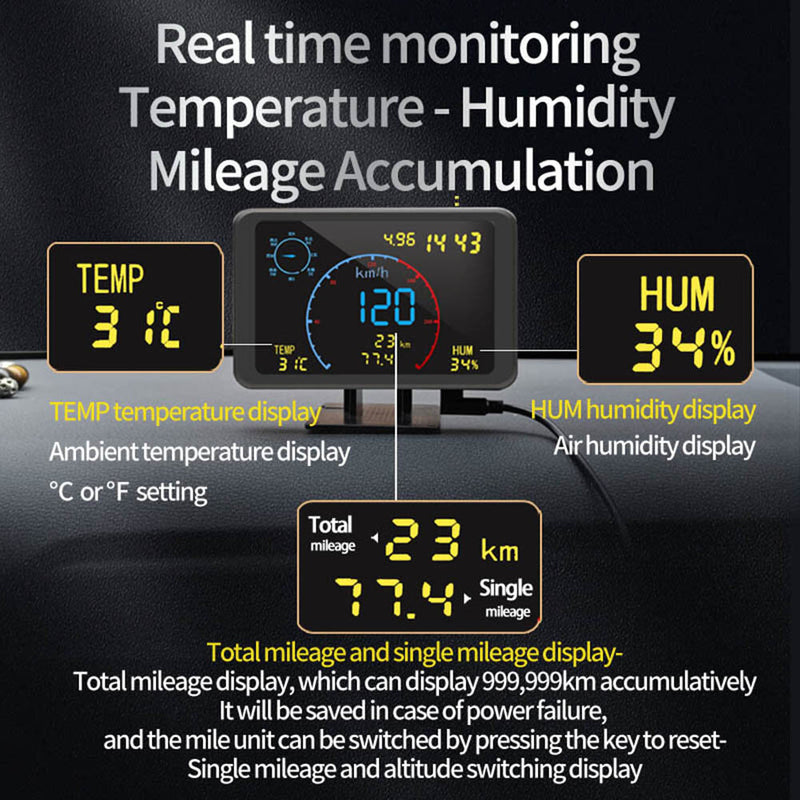 DC5-24V Car GPS Multi-function Speedometer HUD Head-up Display Compass Altitude Temperature Humidity
