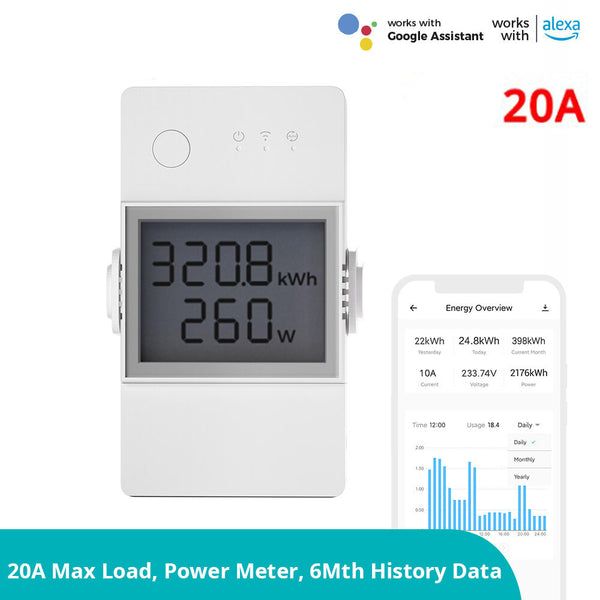Sonoff POW Elite 20A Smart Wifi Power Meter Switch Intelligent Energy Controller 6-Month Consumption History Data Overload Protection Assisted with Alexa Google Home POWR320D
