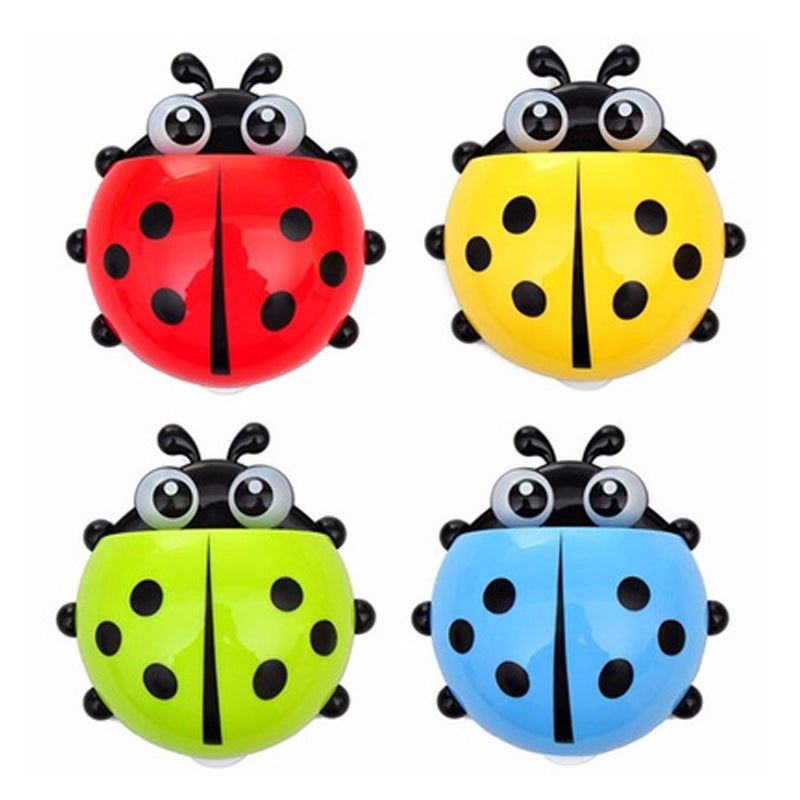 4 Color Toothbrush Cup Holder Storage Rack for Home Bathroom Organizer Ladybug Toothbrush Holder Strong Suction Cup Creative Cartoon PVC Wall Mount
