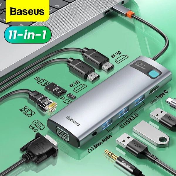 [Triple Display] Baseus 11-In-1 MST USB Type-C Hub Docking Station Adapter With Dual 4K HDMI HD Display / 1080P VGA / 100W USB-C PD Power Delivery / 1000M RJ45 Network Port /3 * USB 3.0 / 3.5mm Audio Jack  / Memory Card Readers