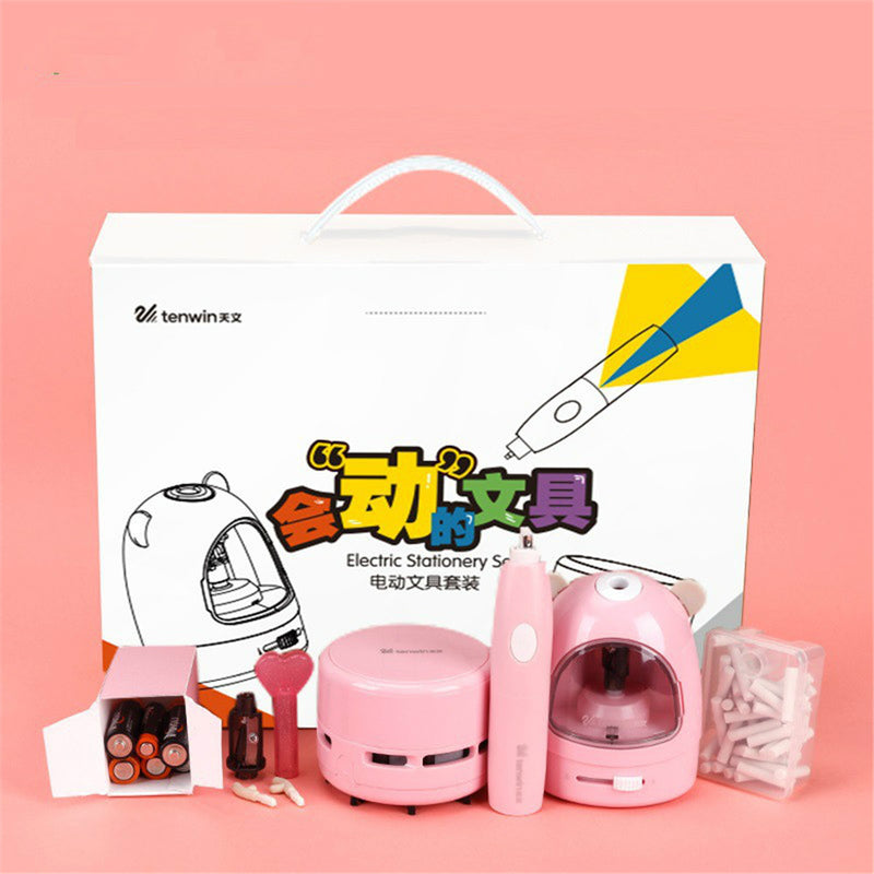 Tenwin 8087 3pcs/set Electric Pencil Sharpener Stationery Set Mini Vacuum Cleaner Electric Eraser Cartoon Kids Learning Kit Box Boy Girls