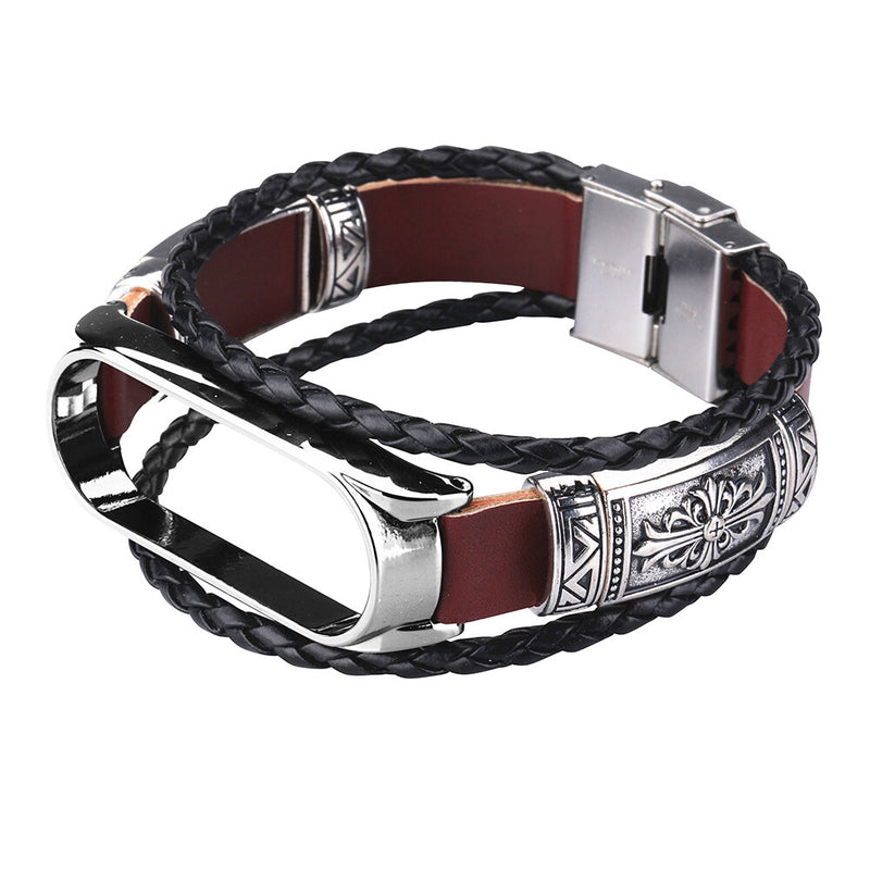 DIY Leather Metal Case Watch Band Watch Strap for Xiaomi Miband 5 Mi Band 5 NFC Non-original