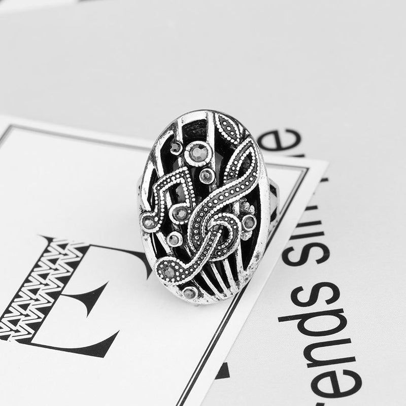 Ethnic Hollow Carve Finger Ring Music Match Rhinestone Oval Geometric Ring Vintage Jewelry for Women