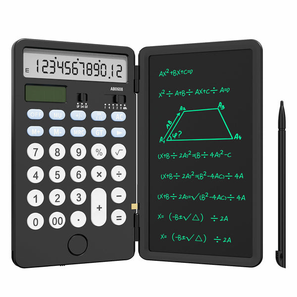 NEWYES Black Rechargeable 12 Digits Scientific Calculator with 6.5 Inch LCD Writing Tablet and Solar Energy Science Calculators Notepad Professional Foldable Calculators for School Students Office Assistant