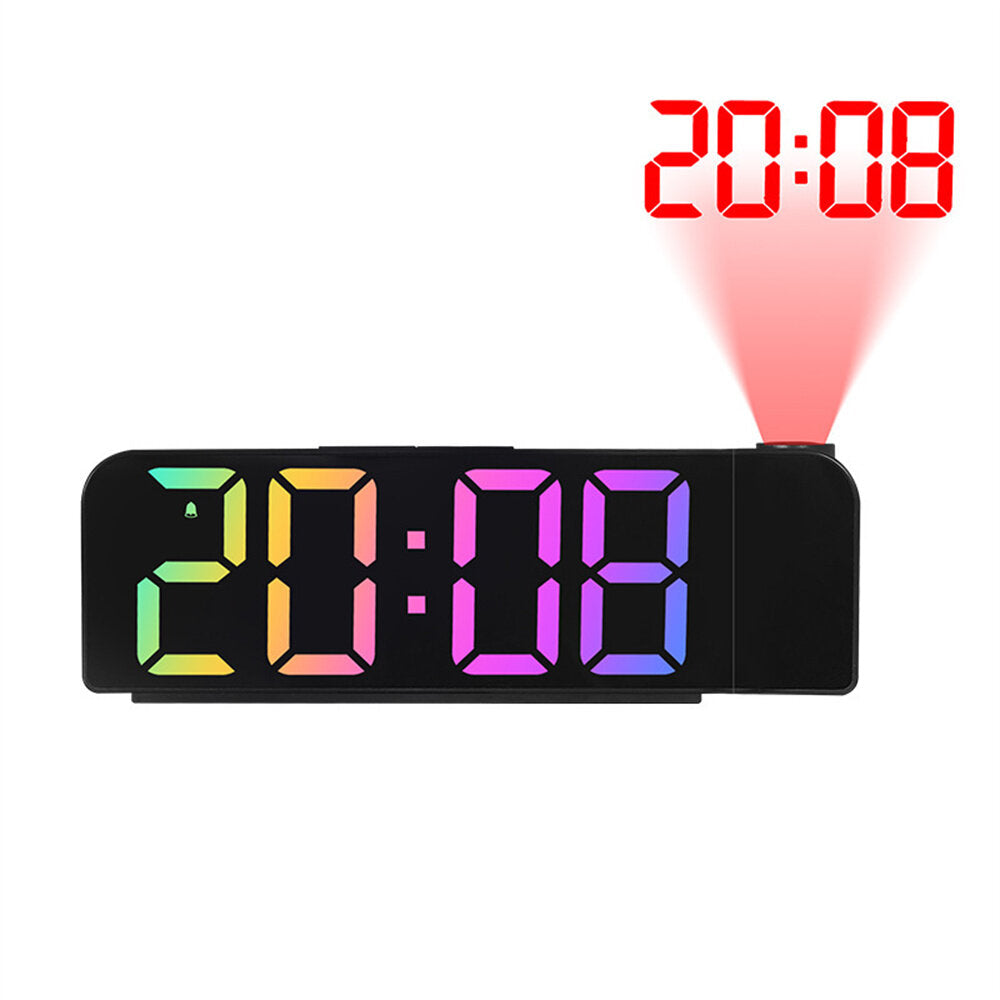 Versatile Colorful LED Digital Alarm Clock with 180 Degree Projection Adjustable Brightness /Indoor Temperature Dual Power Source Large Screen 12/24H For Home Office Classroom