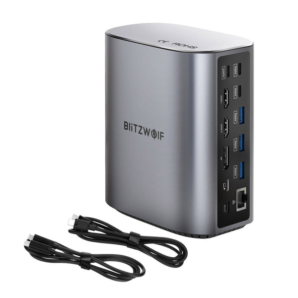 BlitzWolf BW-TH15 17-in-1 USB C Docking Station with DP Dual HDMI 4K/60HZ Triple Display USB3.0 USB3.2 10Gbps Date Transmission RJ45 Ethernet Port PD 100W Fast Charge