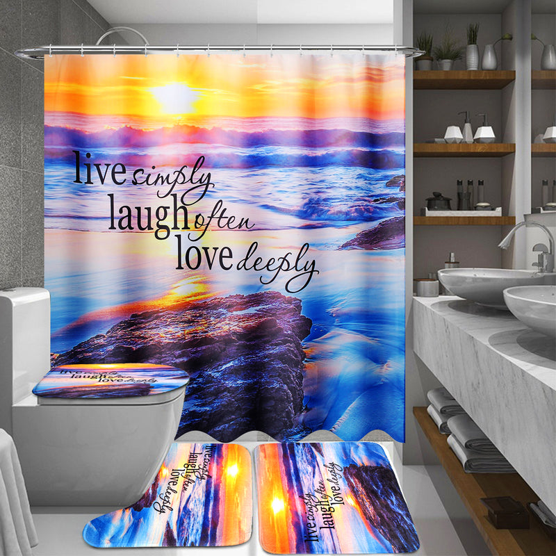 Sandy Beach Waterproof Bathroom Shower Curtain Toilet Cover Mat Non-Slip Rug Set