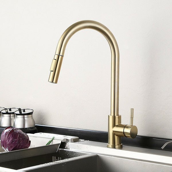 Brushed Gold Kitchen Sink Faucet Pull Out Water Tap Single Handle Mixer Tap 360 Rotate