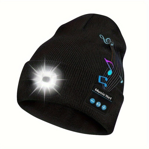 LED Light Bluetooth Beanie Unisex Warm Knitted Beanie 3 Light Modes Waterproof Rechargeable Wireless Music Flashlight Hat for Camping Jogging Fishing Cycling