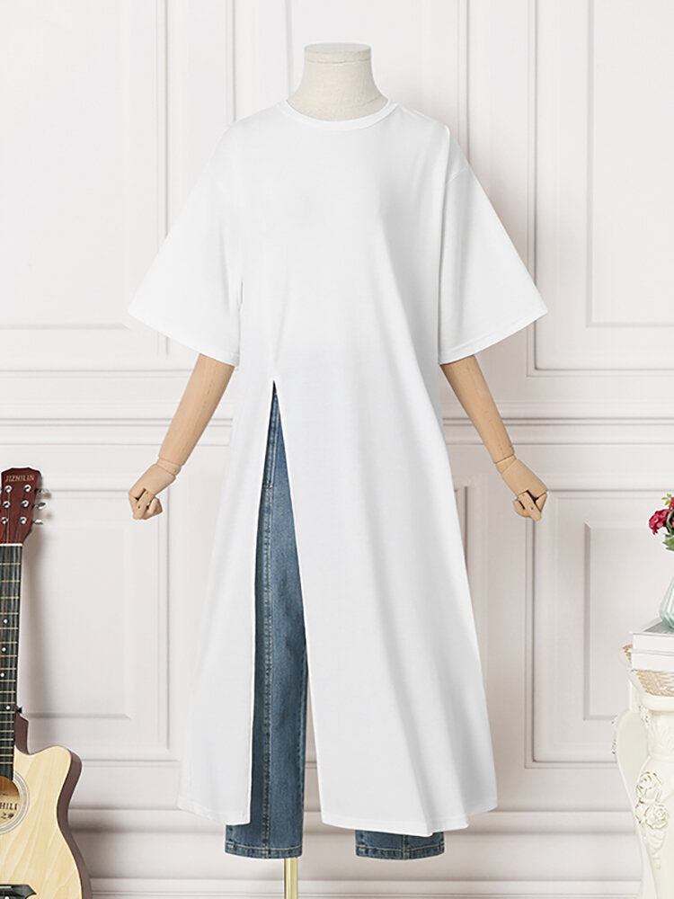 Solid Slit Hem Half Sleeve Round Neck Casual T-Shirt