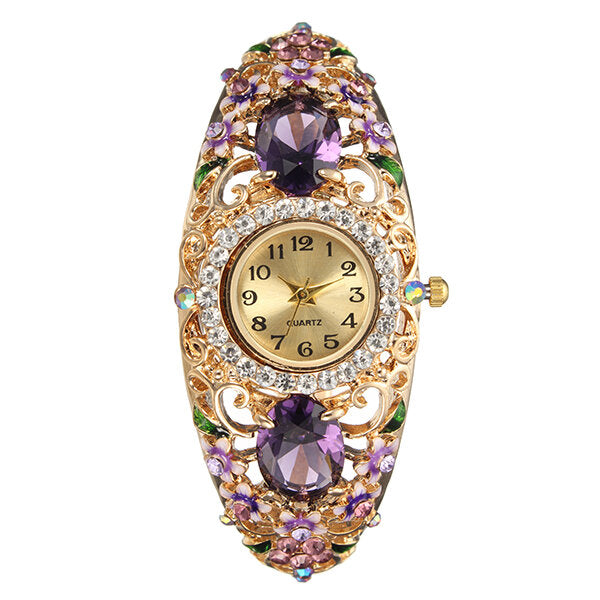 Deffrun Retro Style Ladies Bracelet Watch Flower Diamond Quartz Watch