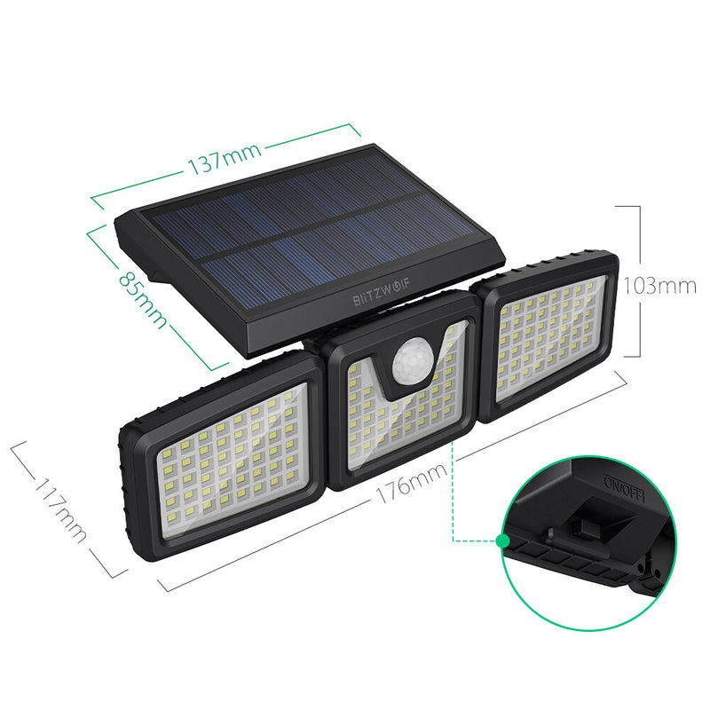 BlitzWolf BW-OLT9 Rotatable 3 Heads Adjustable Waterproof 120PIR Sensor Solar Flood Light 3000K Warm Light