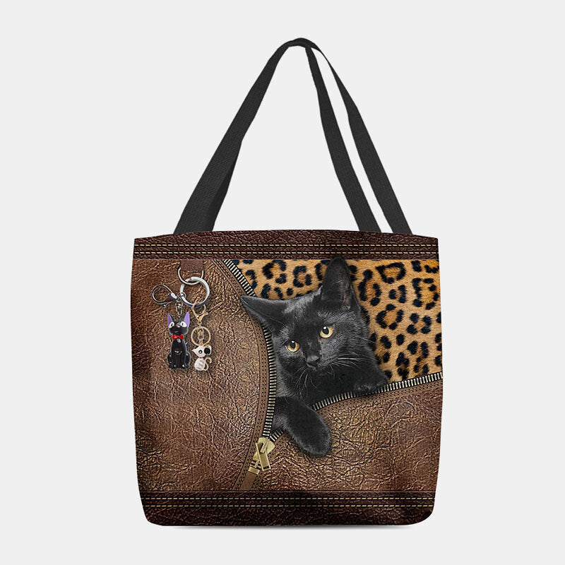 Women Felt Cute 3D Three-dimensional Cartoon Black Cat Pendant Pattern Shoulder Bag Handbag Tote