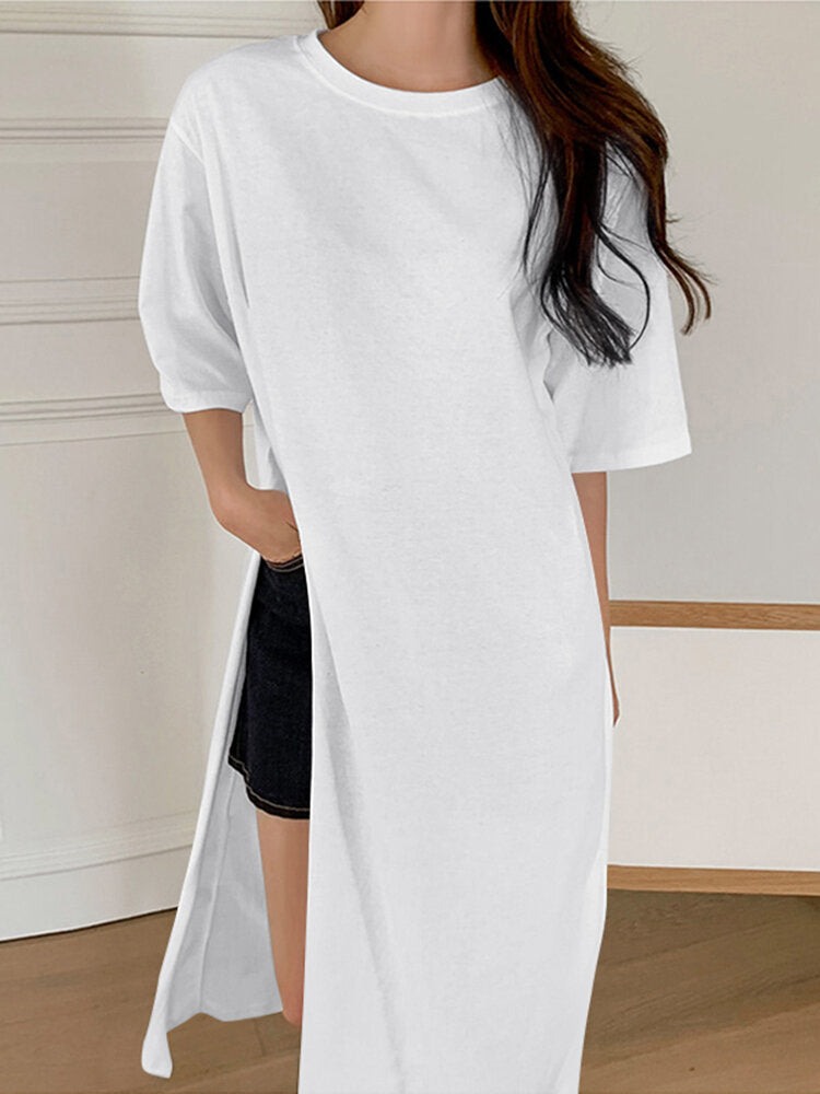 Solid Slit Hem Half Sleeve Round Neck Casual T-Shirt