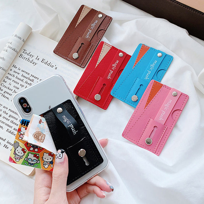 Bakeey Universal PU Leather Push Pull Sticker Phone Bracket Wristband Finger Holder with Card Slots